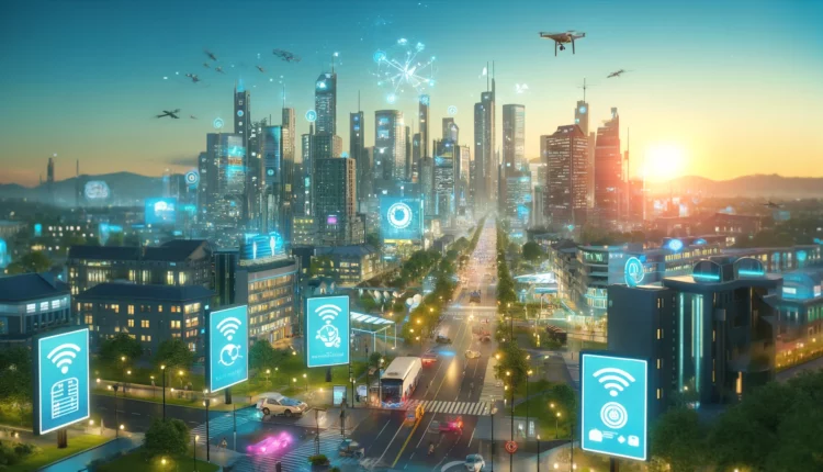 Futuristic cityscape featuring the latest IoT innovations in 2024 with smart buildings, autonomous vehicles, drones, and digital billboards.
