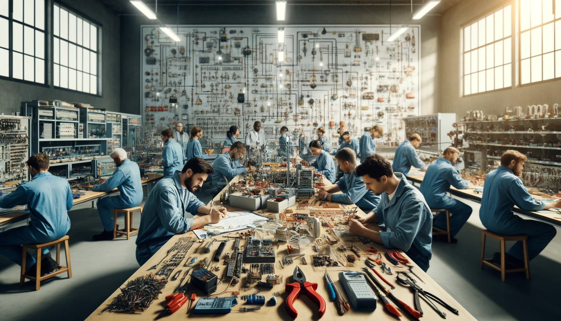 Photorealistic image of a busy electrical workshop with diverse electricians in blue uniforms working on various projects. The room is filled with electrical tools, circuits, and diagrams, creating a highly organized and efficient workspace.